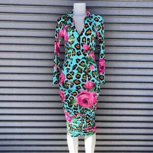 Kimcine Curve Bodycon Long Sleeve V-Neck Floral Leopard Print Dress Size M